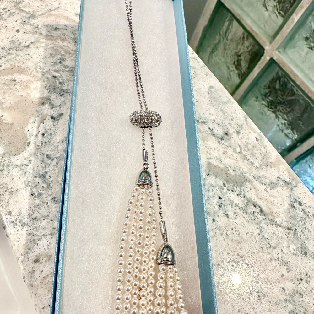 TSC Swarovski Crystal Bar Pearl Tassel Necklace NIB